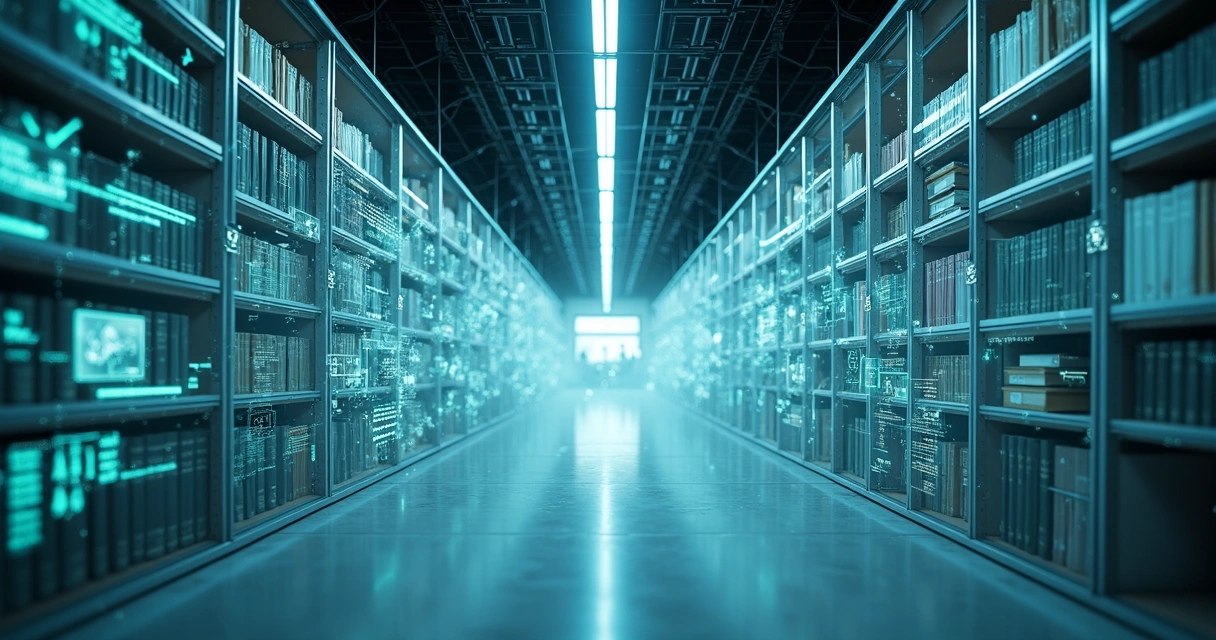 Corredor futurista de arquivos físicos sendo auditados por sistema de inteligência artificial 