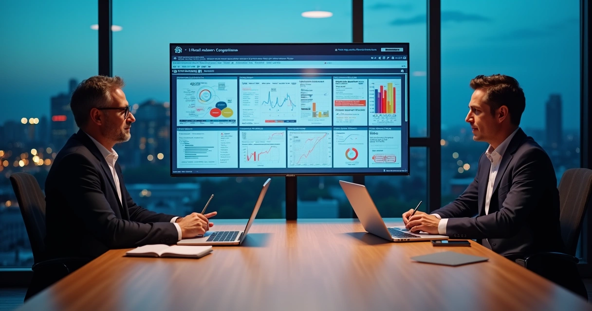 Empresário e consultor analisando auditoria de IA em tela grande de dados 