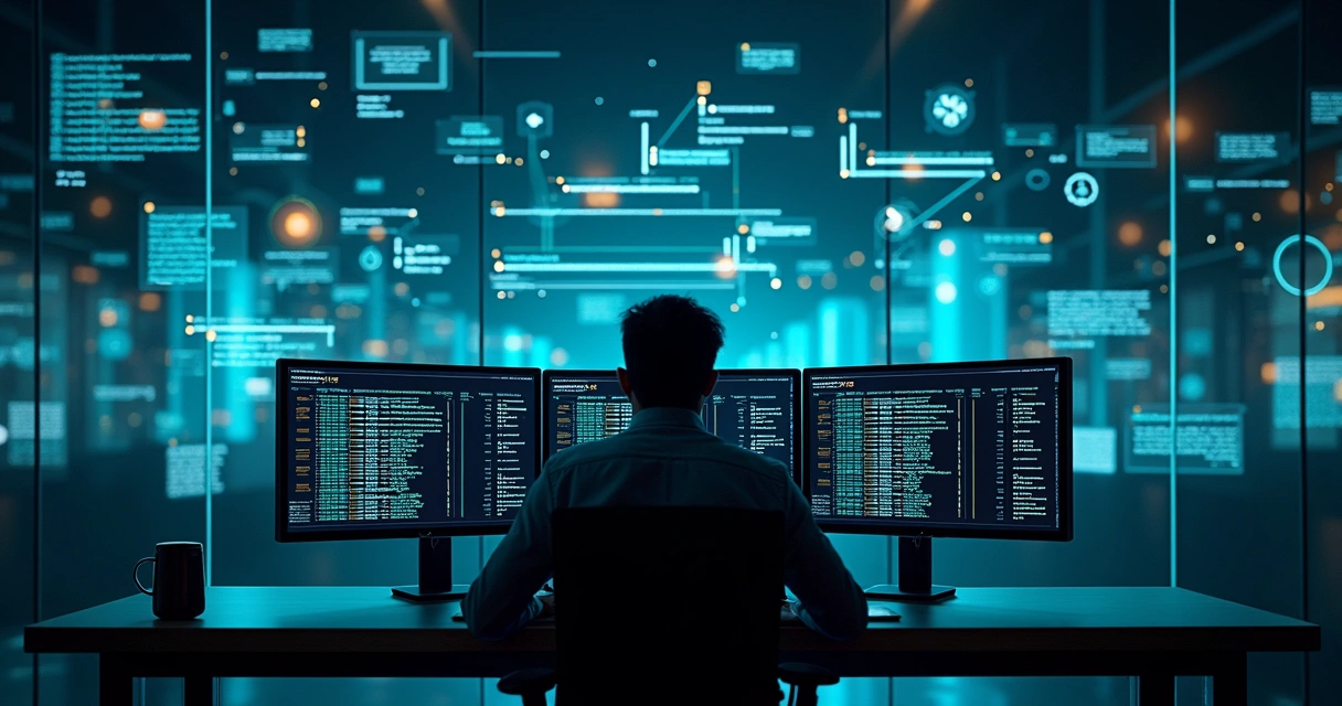Sala escura com parede de monitores exibindo logs comerciais analisados por IA 