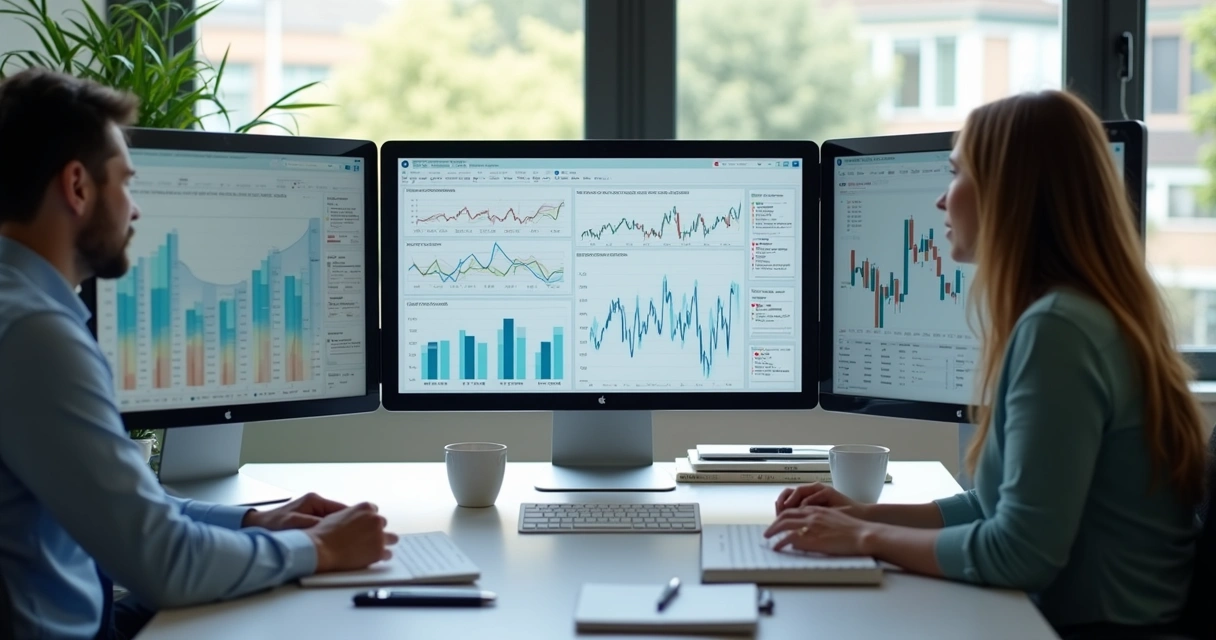 Equipe pequena em escritório analisando telas com gráficos e relatórios 