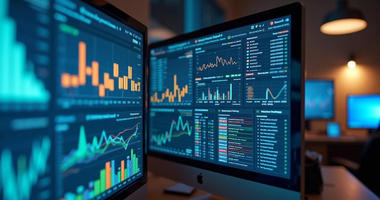 Tela de computador mostrando análise de dados tributários com gráficos em ambiente moderno