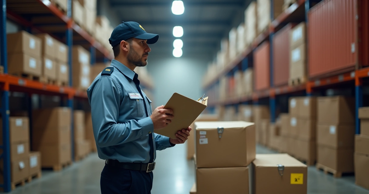 Fiscal em armazém checando containers importados