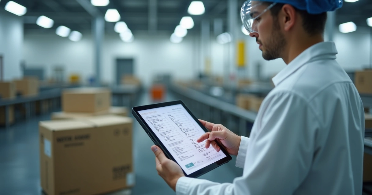 Auditoria digital em indústria de alimentos com tablet sendo usado por colaborador 