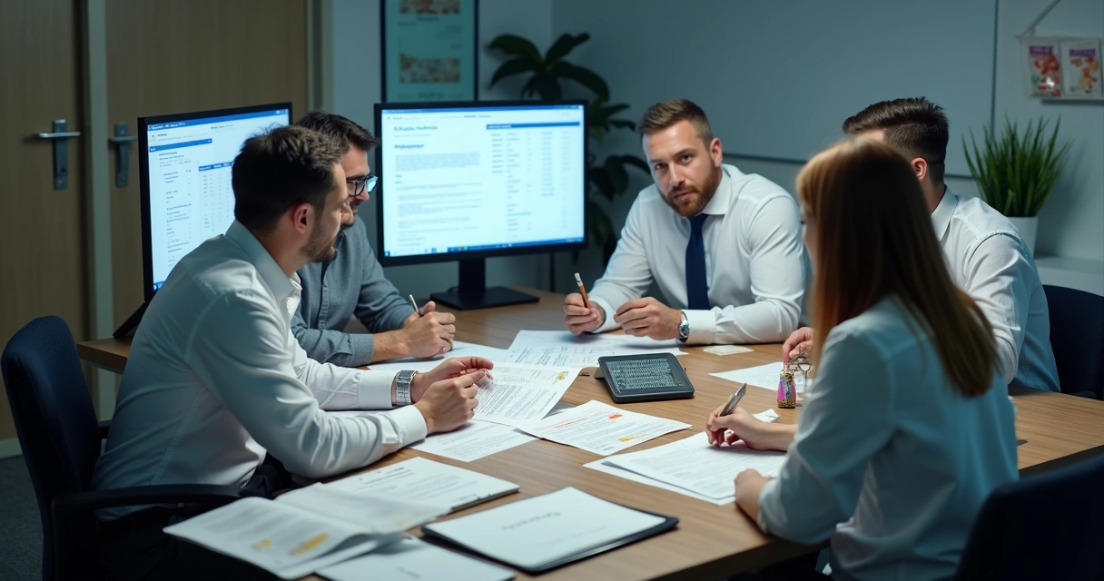 Auditoria em indústria alimentícia com documentos e computadores 