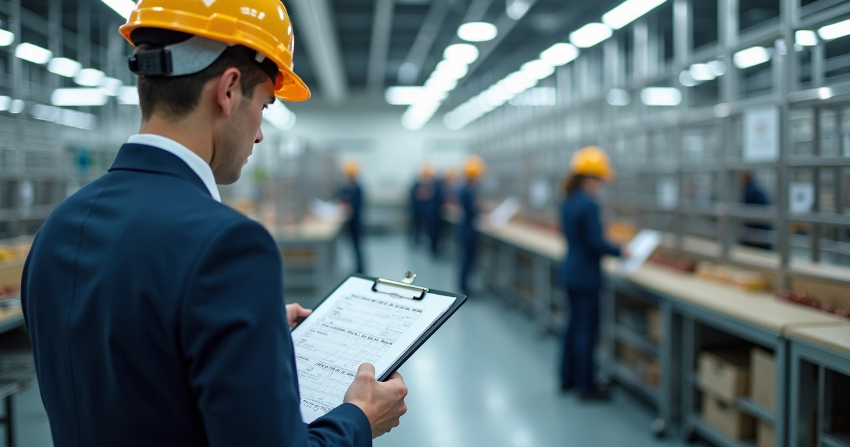 Auditor em fábrica de alimentos analisando checklist de segurança alimentar 