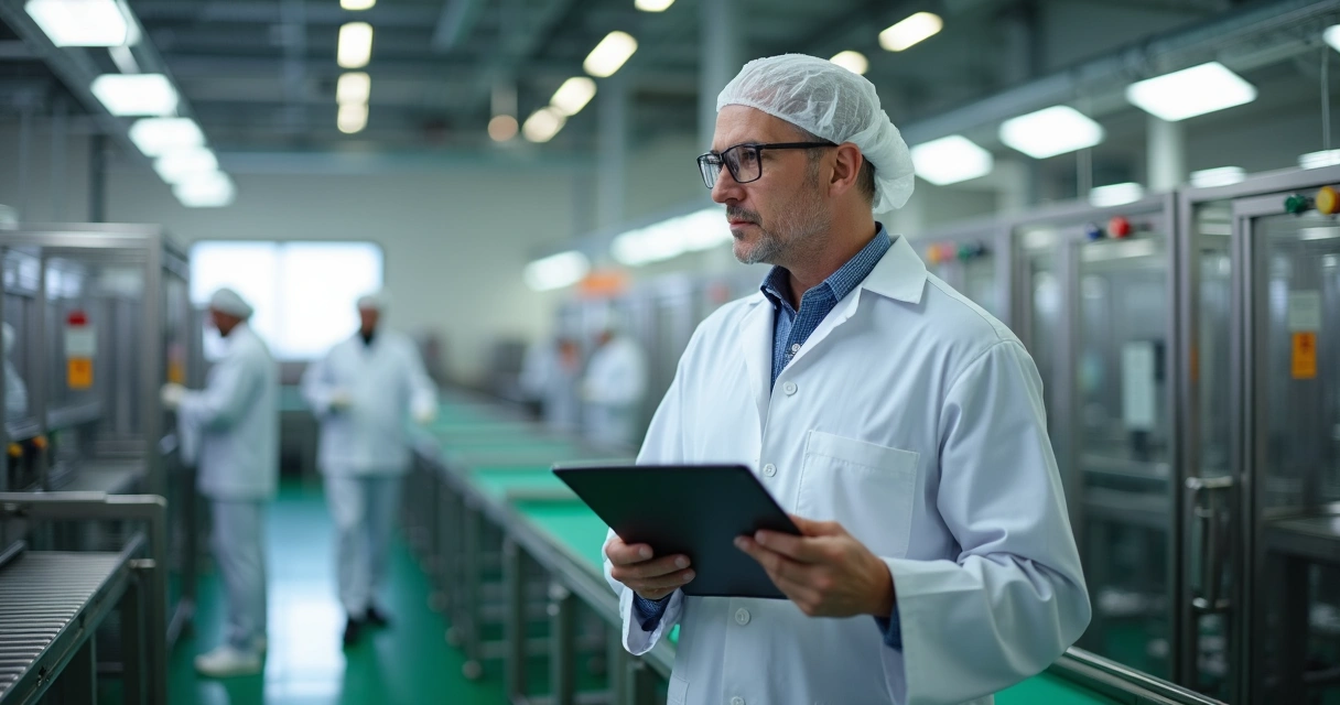 Auditor examinando produção em fábrica de alimentos