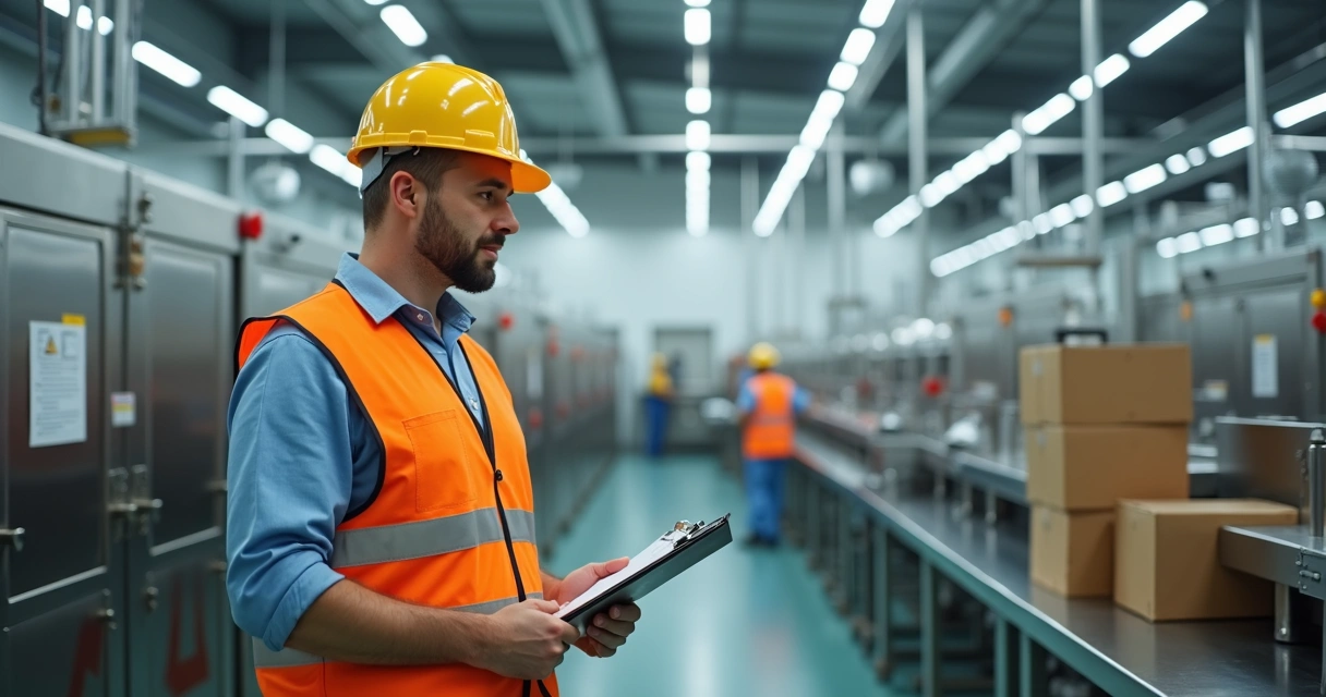 Auditor em fábrica de alimentos olhando prancheta e analisando máquinas 