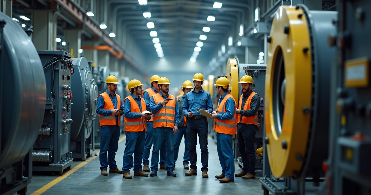Equipe analisando máquinas em chão de fábrica 