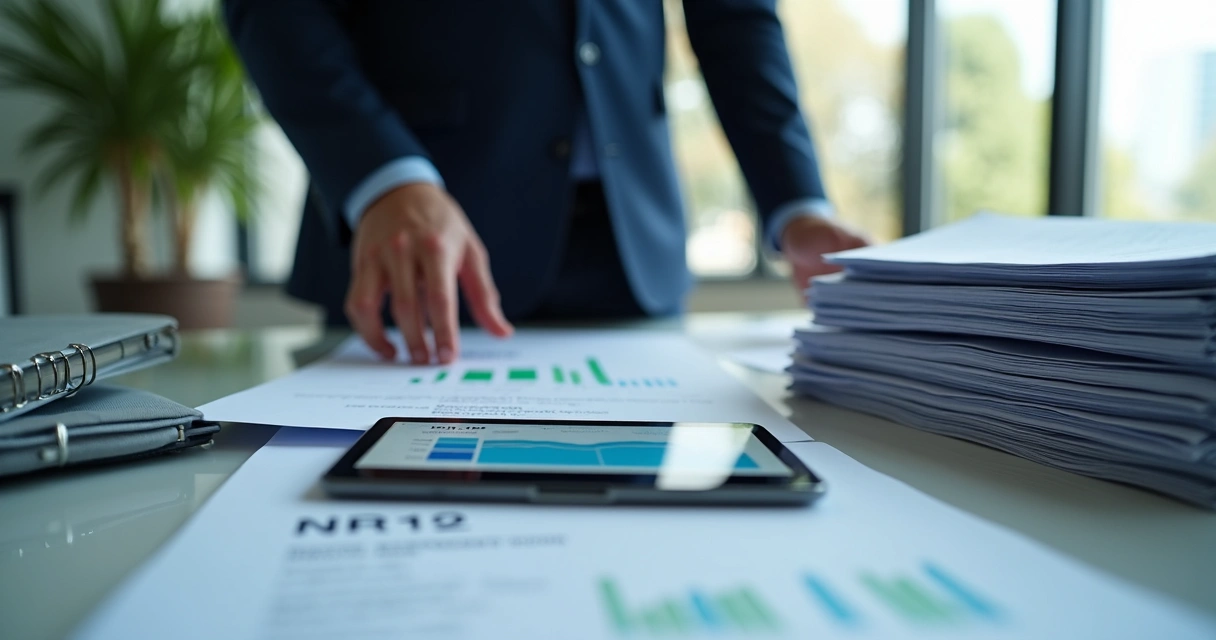 Auditor analisando documentação de segurança industrial