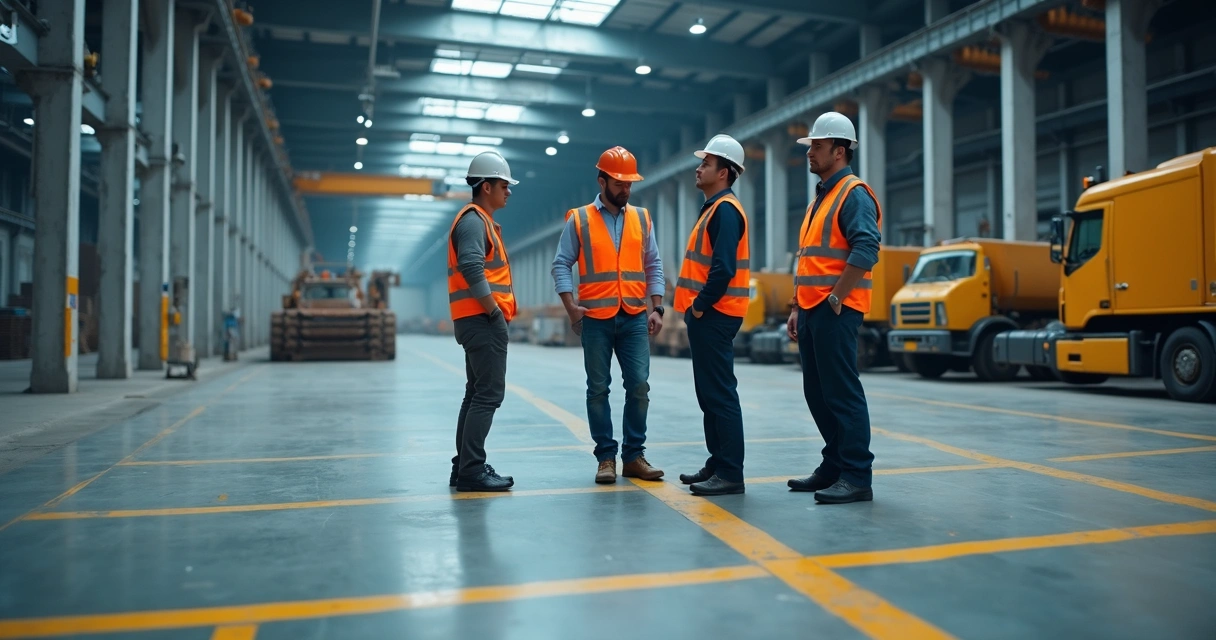 Auditoria técnica em indústria analisando estrutura do piso 