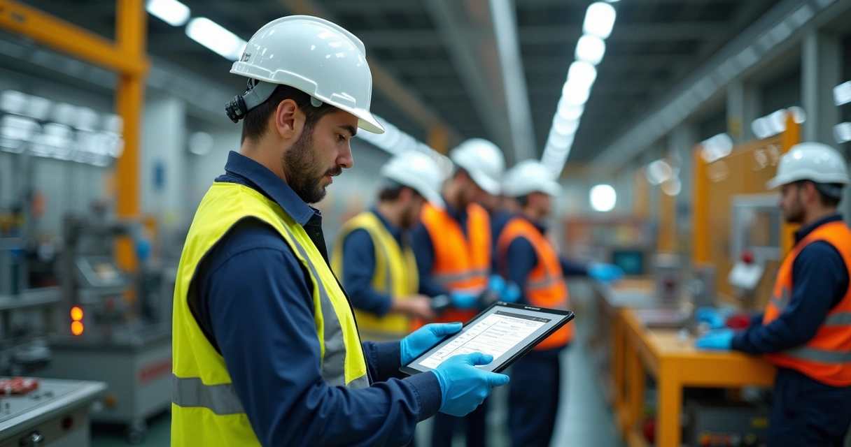 Supervisor audita procedimentos padrão com equipe em fábrica 