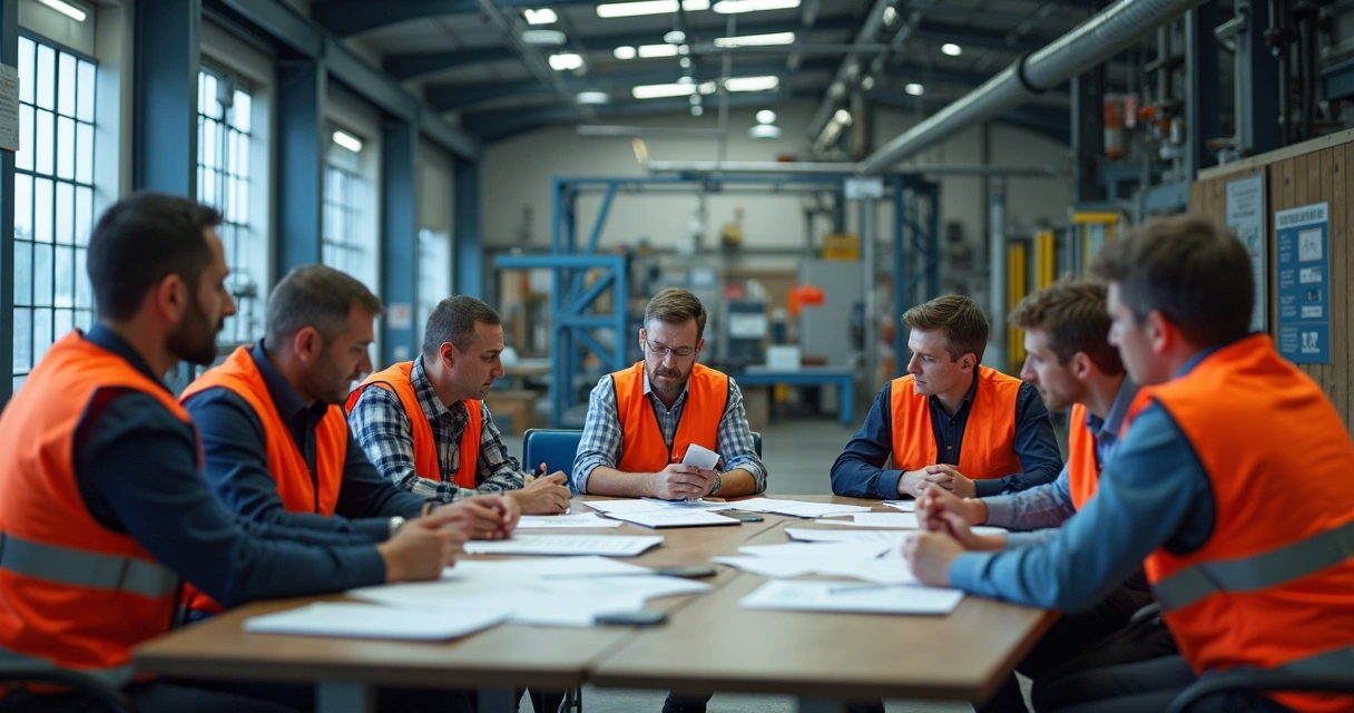 Auditoria de treinamentos industriais com equipe analisando documentos 