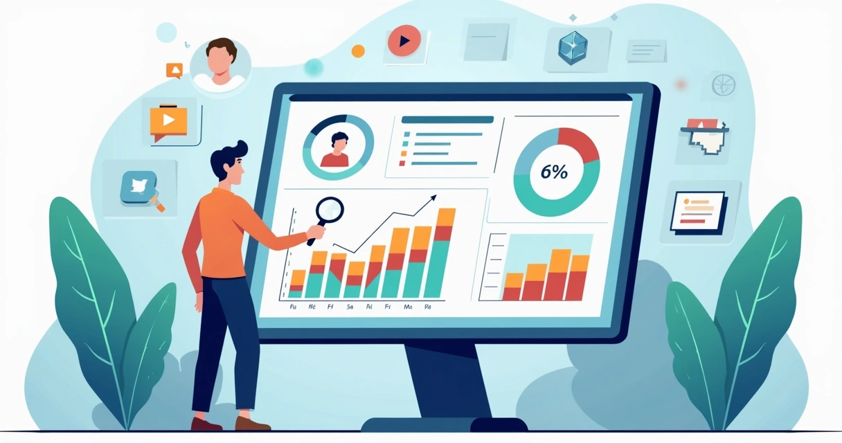 Ilustração corporativa flat mostrando análise de dados e gráficos em tela digital para auditoria de influenciadores 
