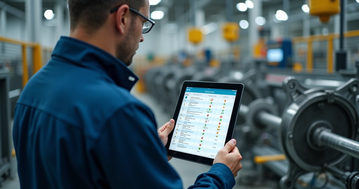 Técnico realizando inspeção digital em ambiente fabril com tablet