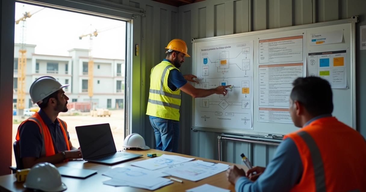Auditor analisando quadro branco com fluxos de INSS em contêiner de obra 