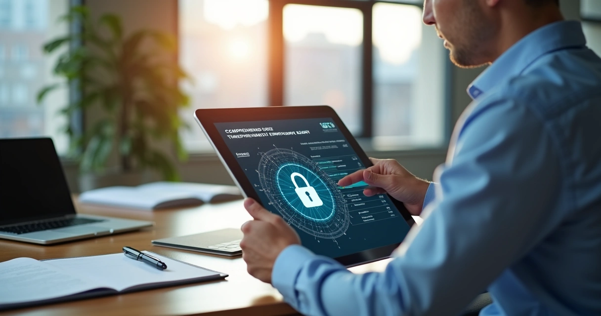 Auditoria examinando relatório digital de integridade de dados 