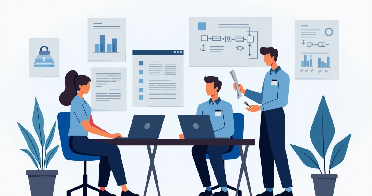 Chefe analisando checklist com técnicos em reunião 