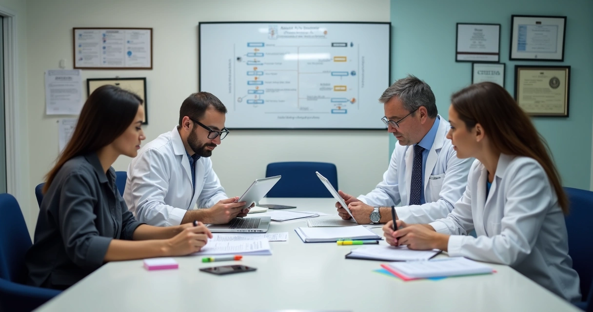 Equipe realizando auditoria interna em clínica médica 
