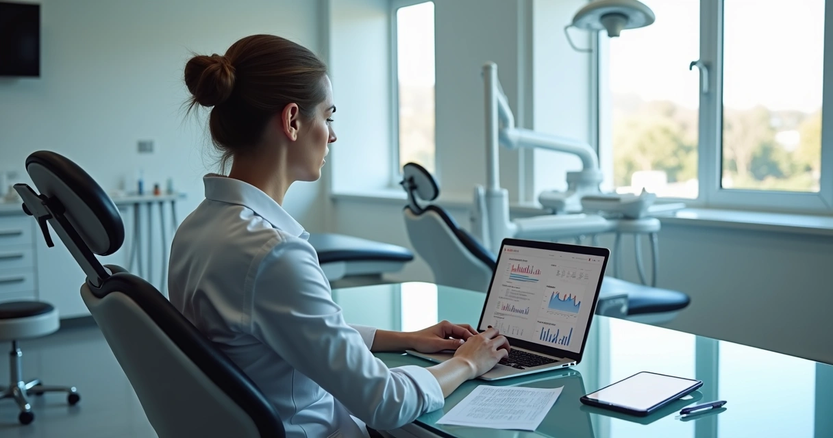 Profissional analisando documentos e gráficos em ambiente de clínica odontológica moderna 