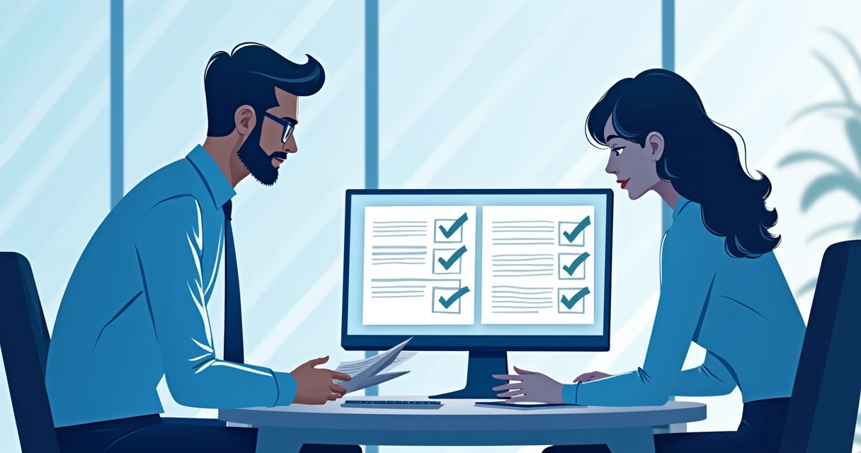 Dois profissionais revisando documentos em sala moderna, computador ligado 