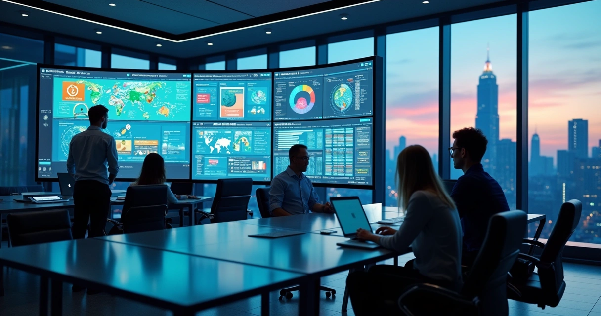 Sala moderna de auditoria com múltiplos monitores exibindo gráficos de ESG, dados e mapas de risco 