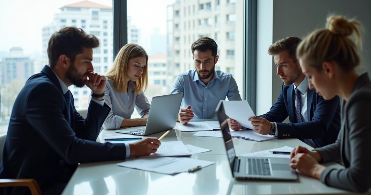 Equipe de auditoria interna em hotel analisando relatórios 