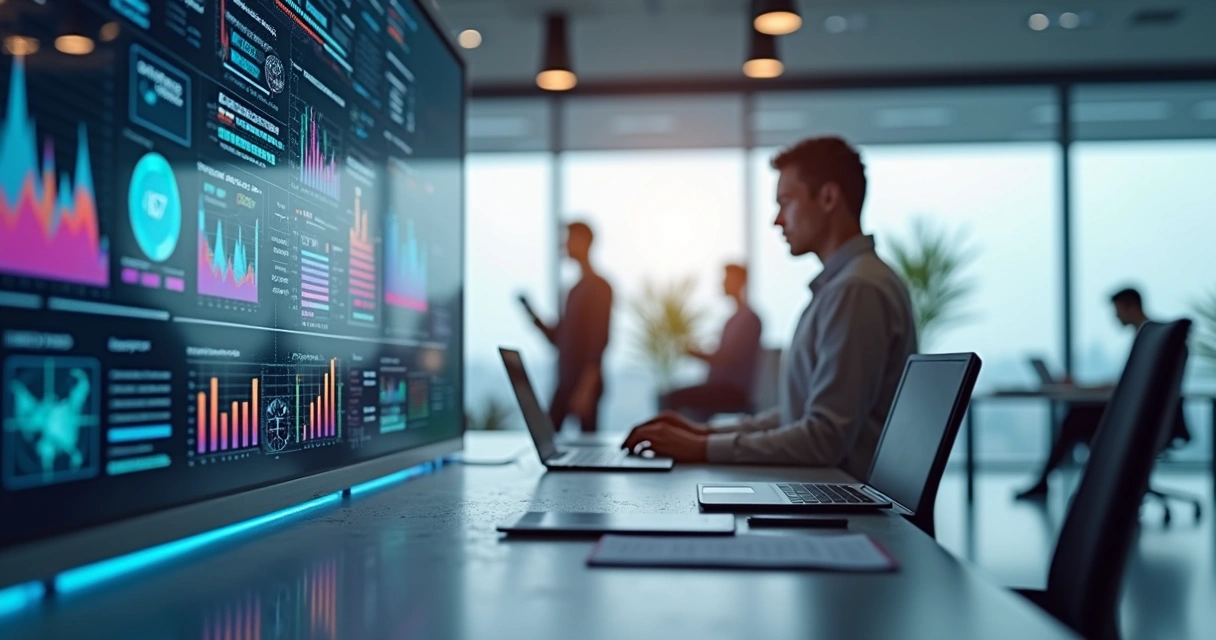 Sala moderna de escritório com tela digital exibindo gráficos de auditoria interna automatizada por IA 