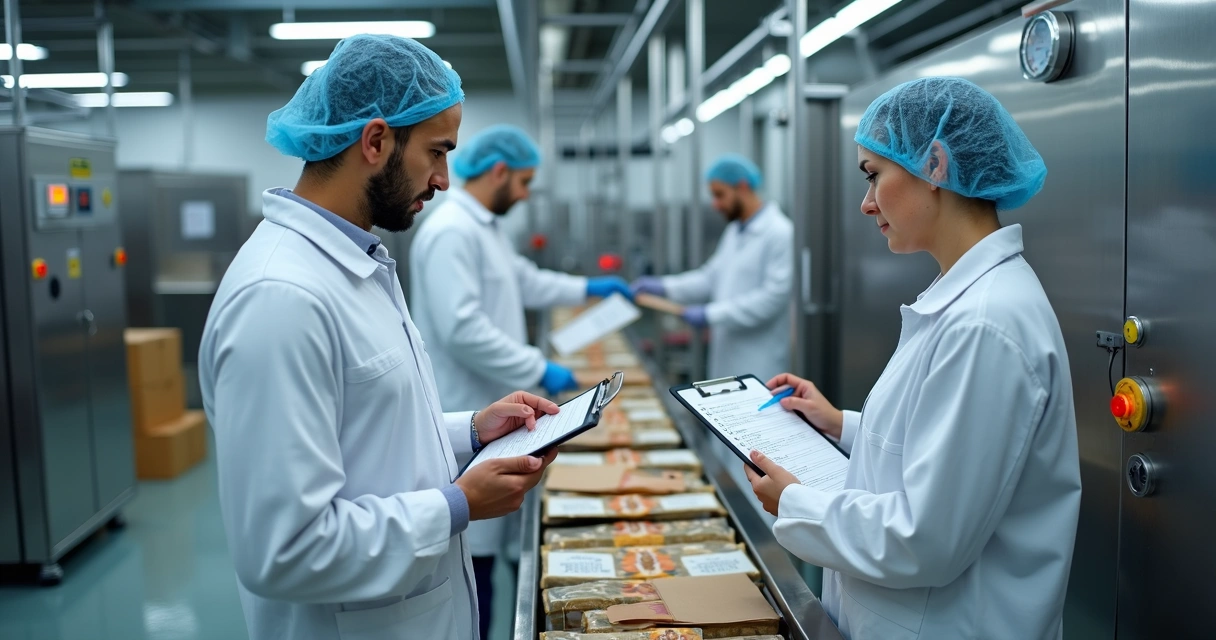 Equipe realizando auditoria interna em fábrica de alimentos com tablets e pranchetas 
