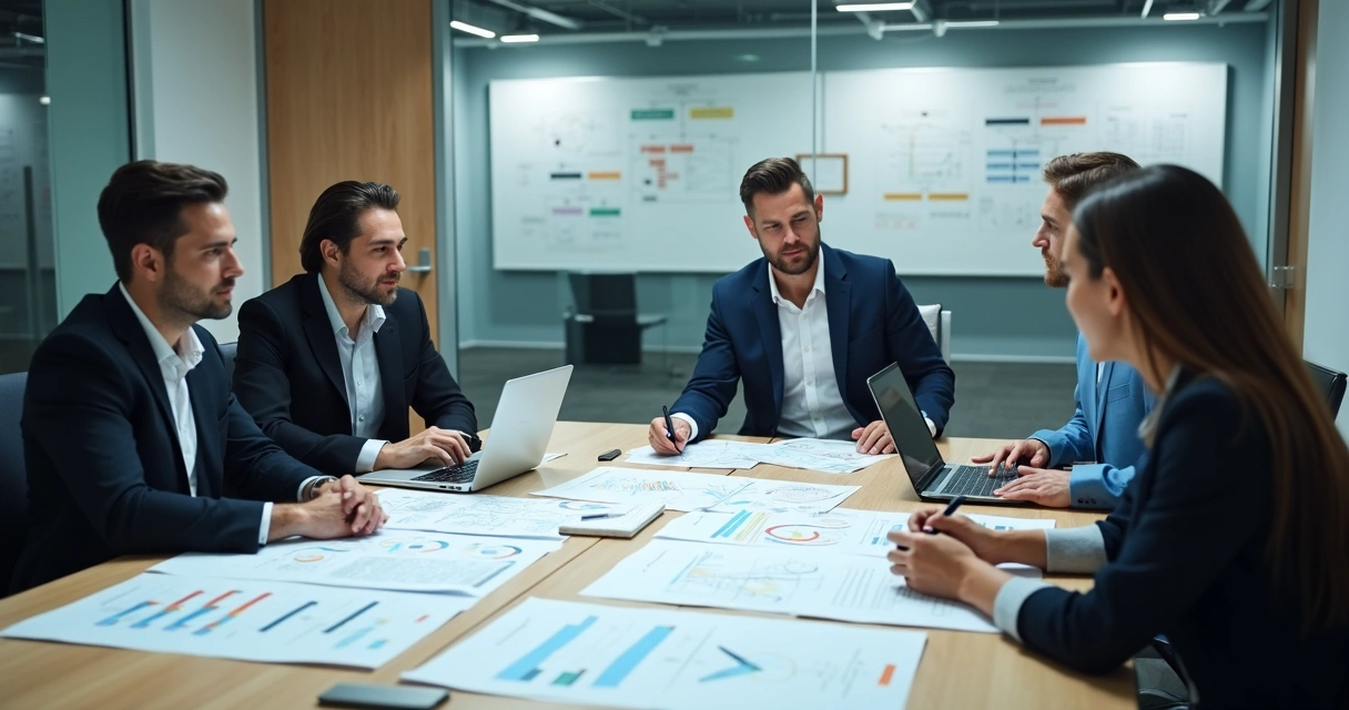 Equipe de auditoria analisando documentos e fluxogramas durante uma reunião de trabalho 