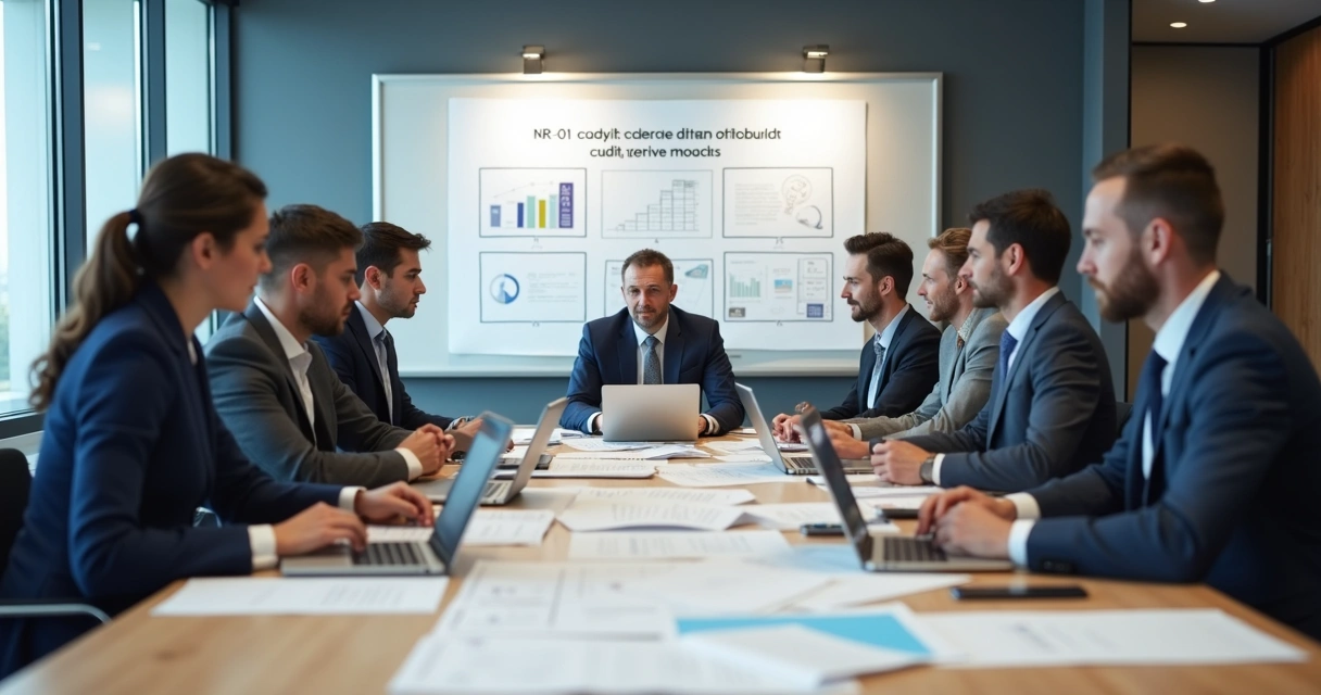 Equipe em reunião analisando documentação de auditoria 