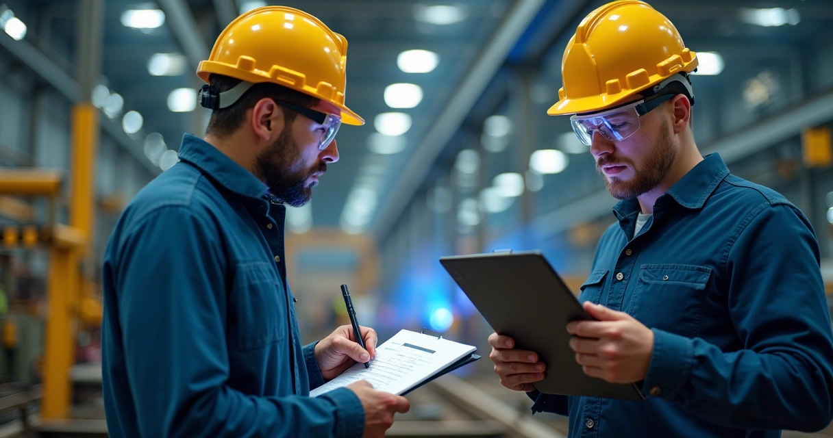 Auditor observa operação de solda usando checklist em área industrial. 