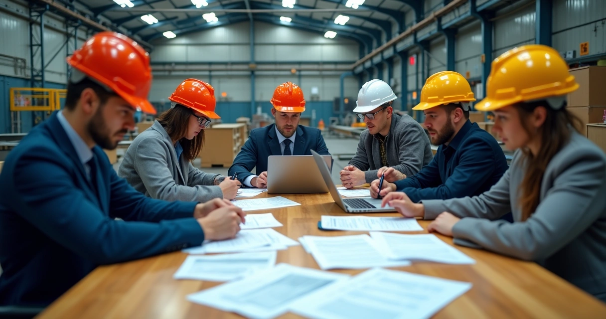 Equipe realizando auditoria interna em ambiente industrial, com documentos e equipamentos de segurança à mesa