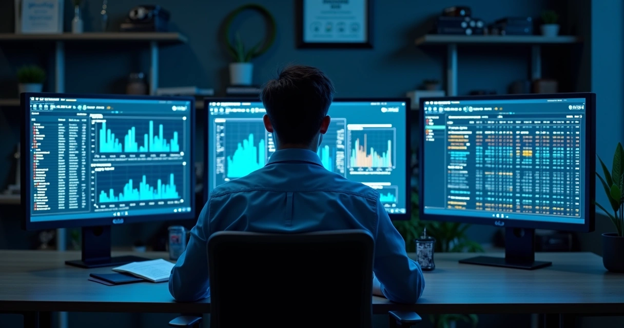 Auditor de TI analisando dados em três monitores 
