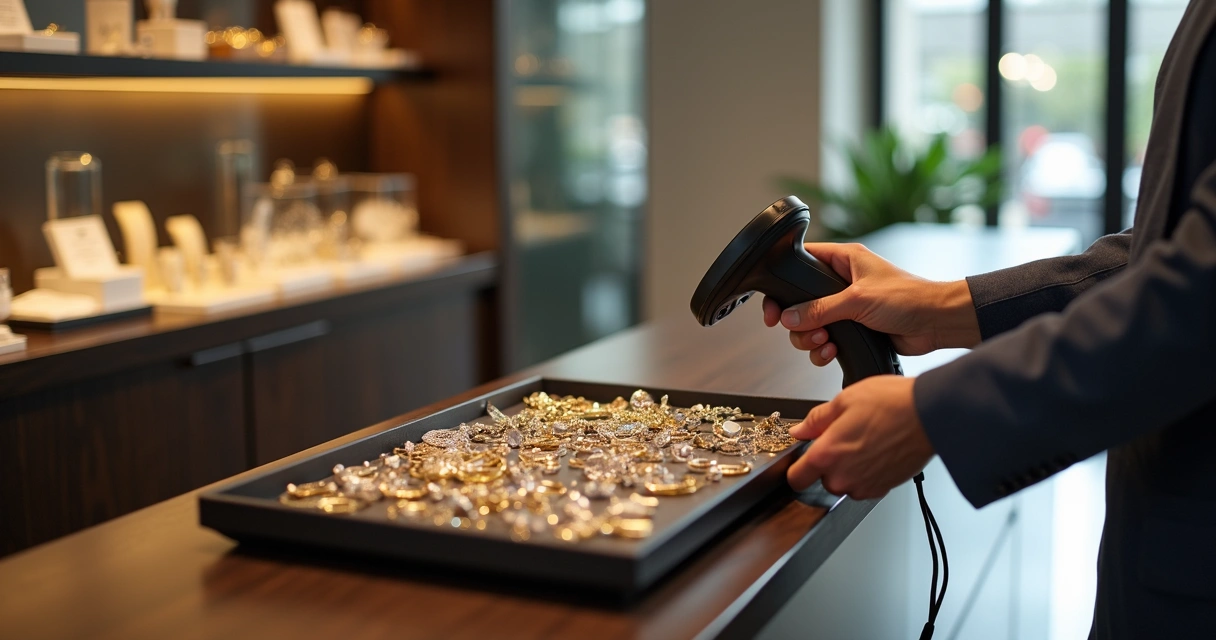 Auditoria em estoque de joias com leitor de códigos em ação 