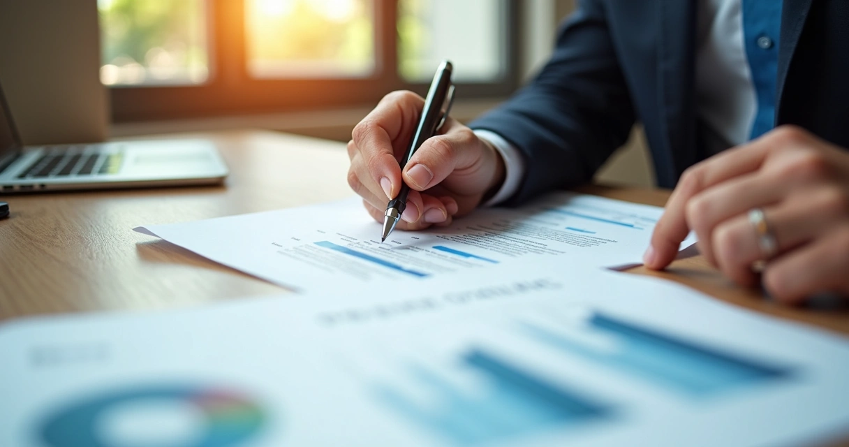 Pessoa analisando documentos em uma mesa com destaque para gráficos e contratos 