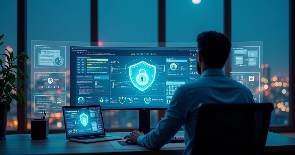 Profissional analisa painel digital sobre conformidade LGPD em escritório moderno 