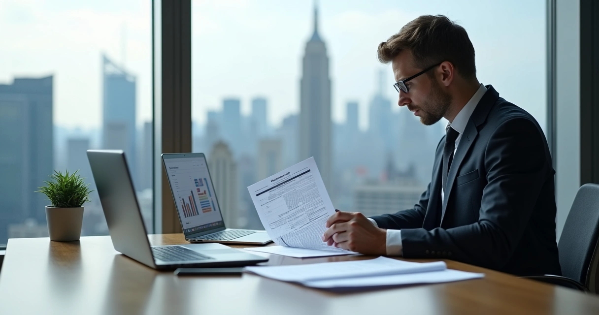 Analista revisando políticas de proteção de dados em mesa de escritório moderno 
