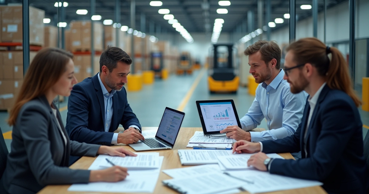 Equipe de auditoria analisando processos logísticos em armazém moderno 