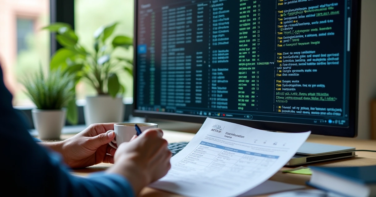 Profissional verificando logs de agente inteligente em tela de computador 