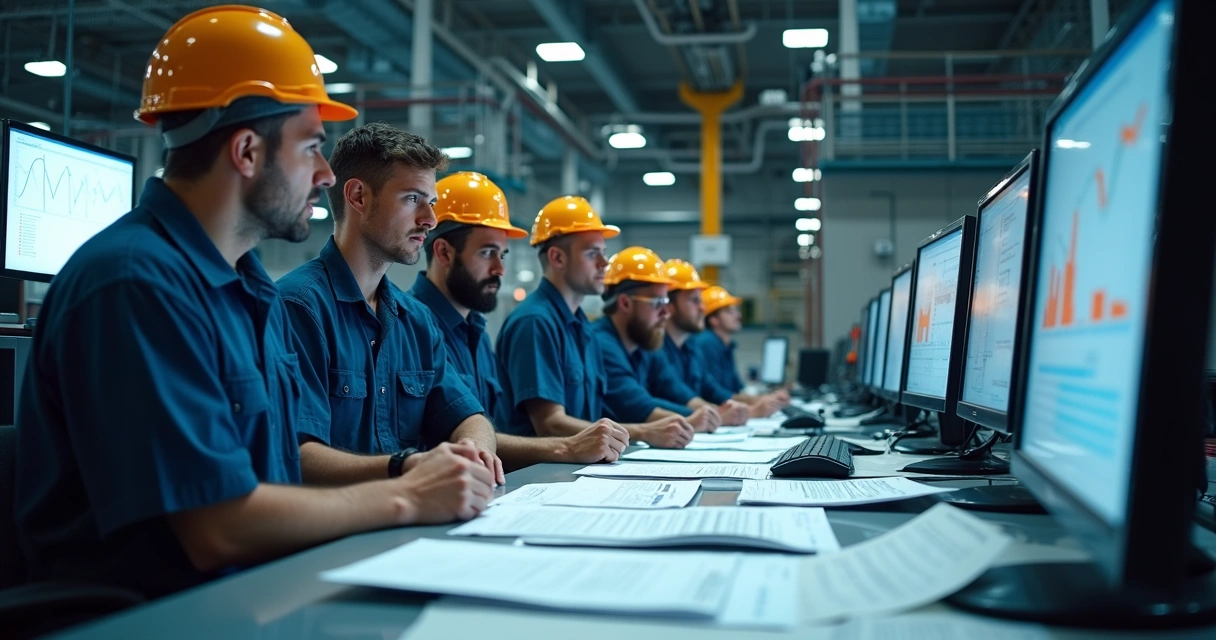Técnicos analisando papeis de ordens de serviço de manutenção industrial na sala de controle 