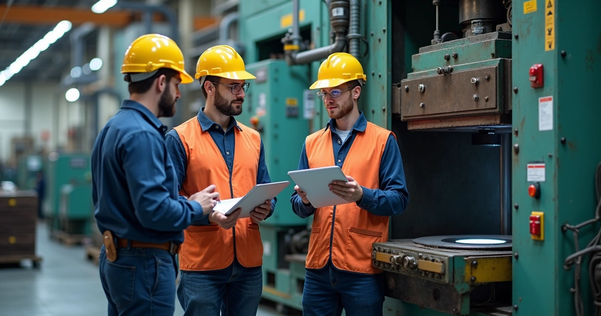 Equipe realizando auditoria em máquinas industriais 