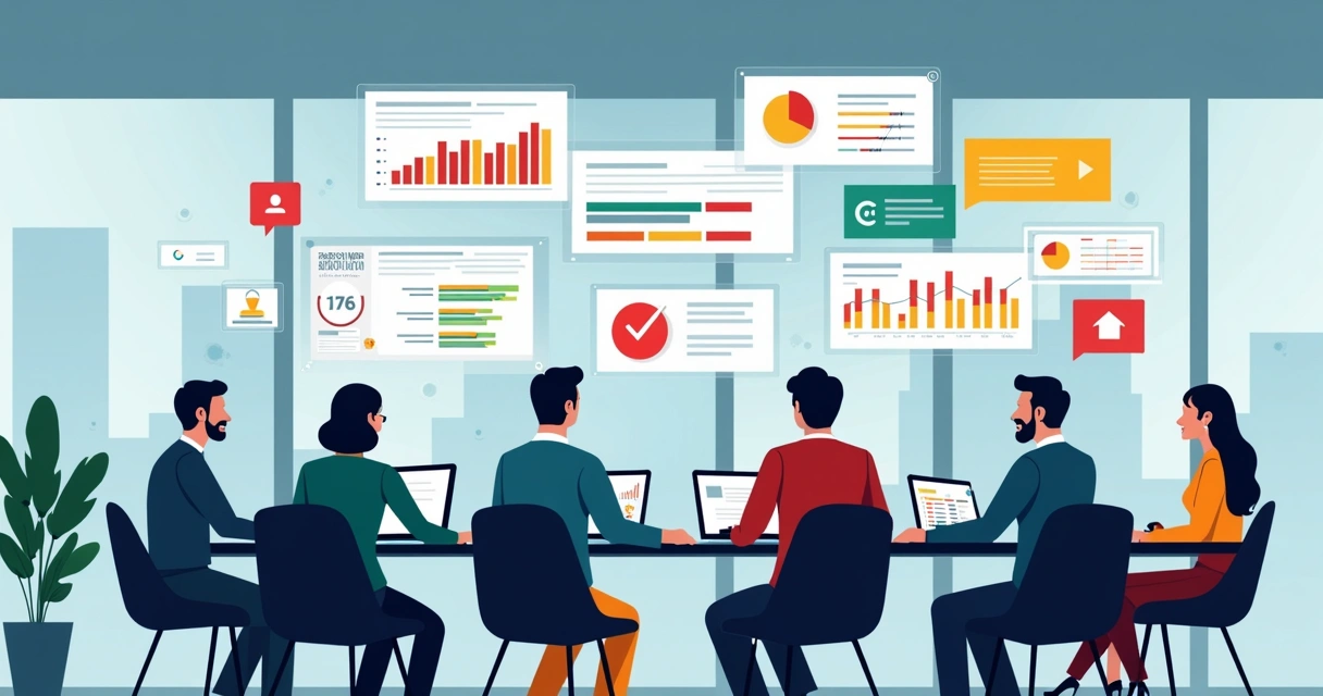 Ilustração plana corporativa mostrando equipe analisando comentários digitais em múltiplas telas com gráficos e alertas de risco 