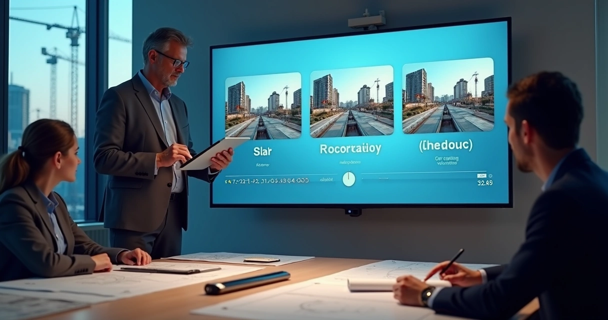 Engenheiro comparando imagens da obra em telão com planta de medição em reunião técnica 