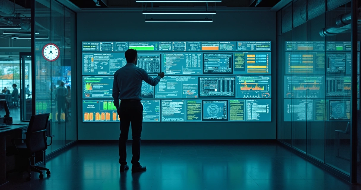 Profissional de TI analisando painel de monitoramento em tela grande