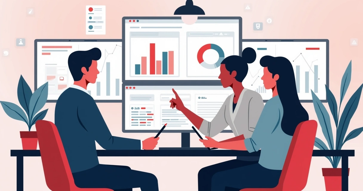 Equipe realizando auditoria de dados em ambiente corporativo, analisando gráficos de desempenho 