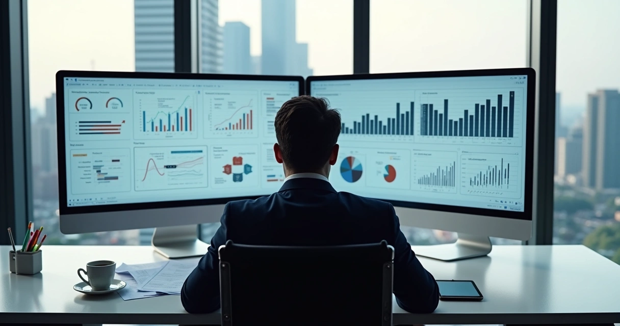 Profissional auditando e analisando dados em um monitor, com gráficos empresariais em destaque na tela 