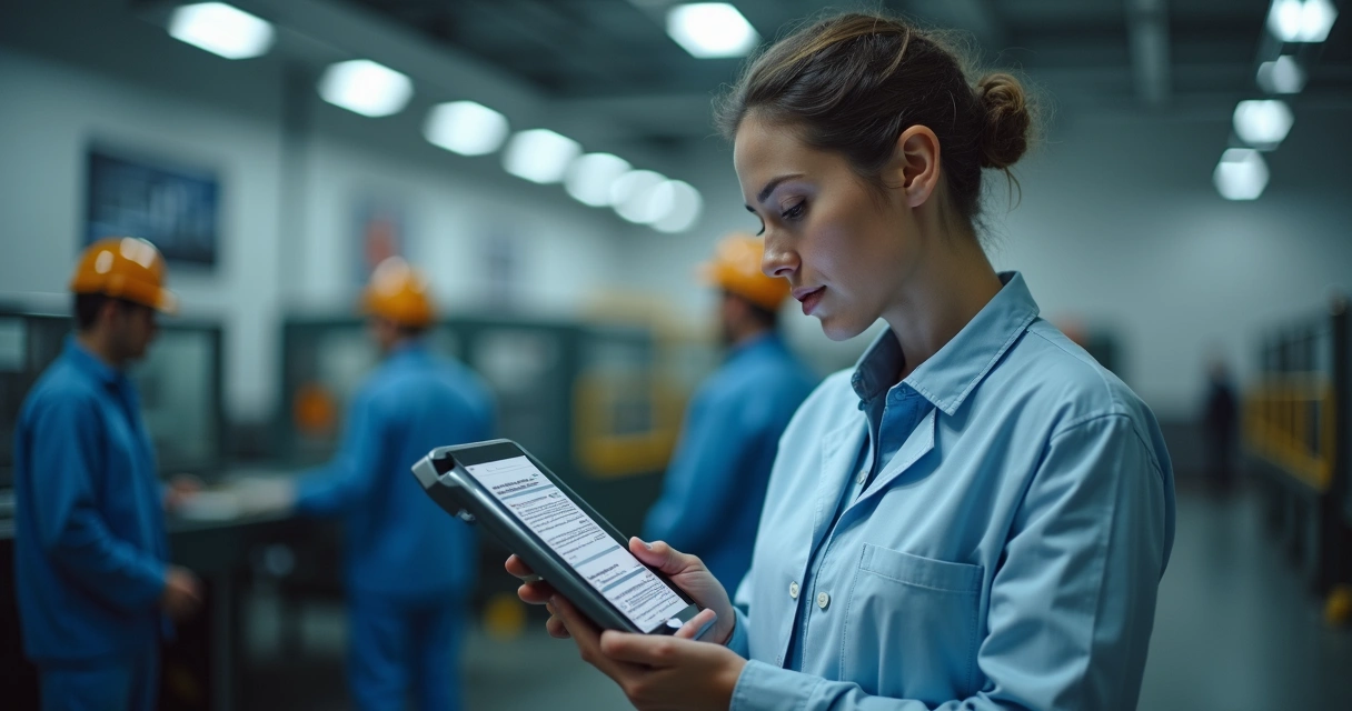Auditor analisando documentos de treinamento NR em indústria 