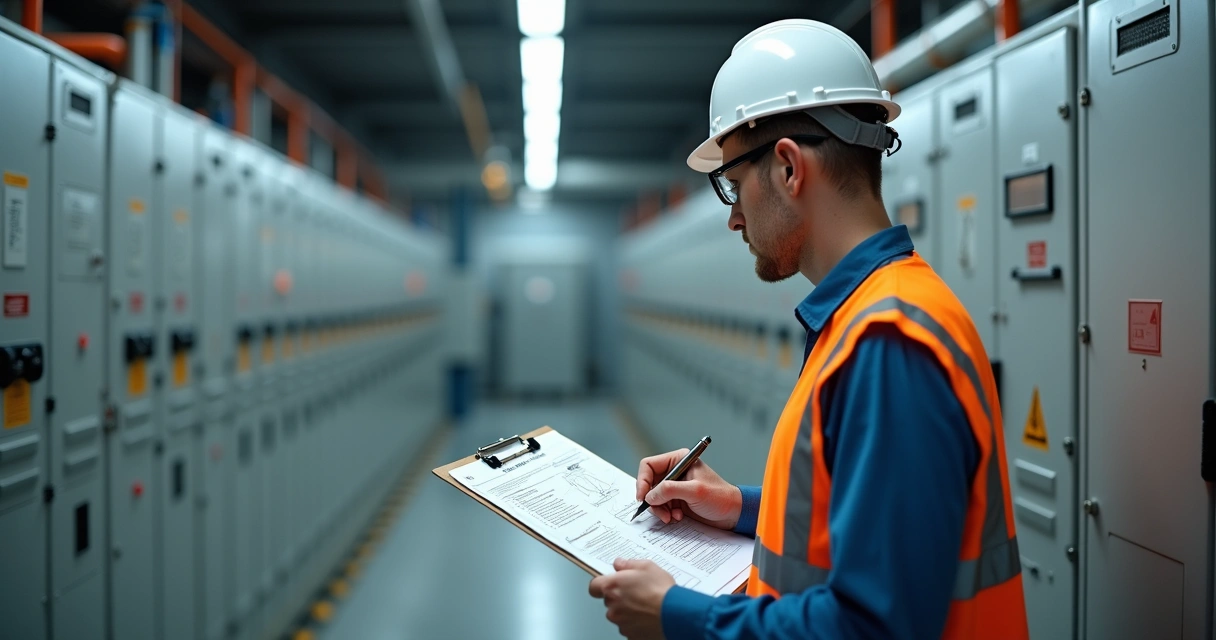 Engenheiro analisando documentação NR-10 em prancheta ao lado de painel elétrico industrial de média tensão 