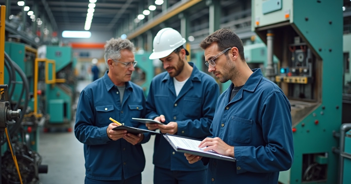 Equipe em uma fábrica realizando inspeção de máquinas para avaliação de segurança