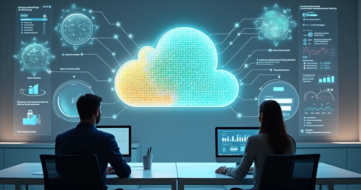 Auditoria automatizada em nuvem exibida em grande painel digital profissional 